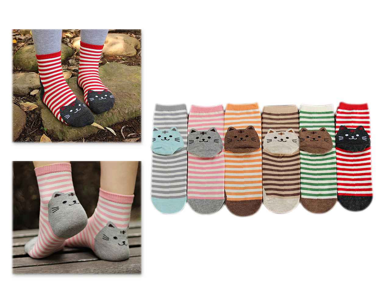 6 Pairs Cat Pattern Cotton Striped Socks for Women