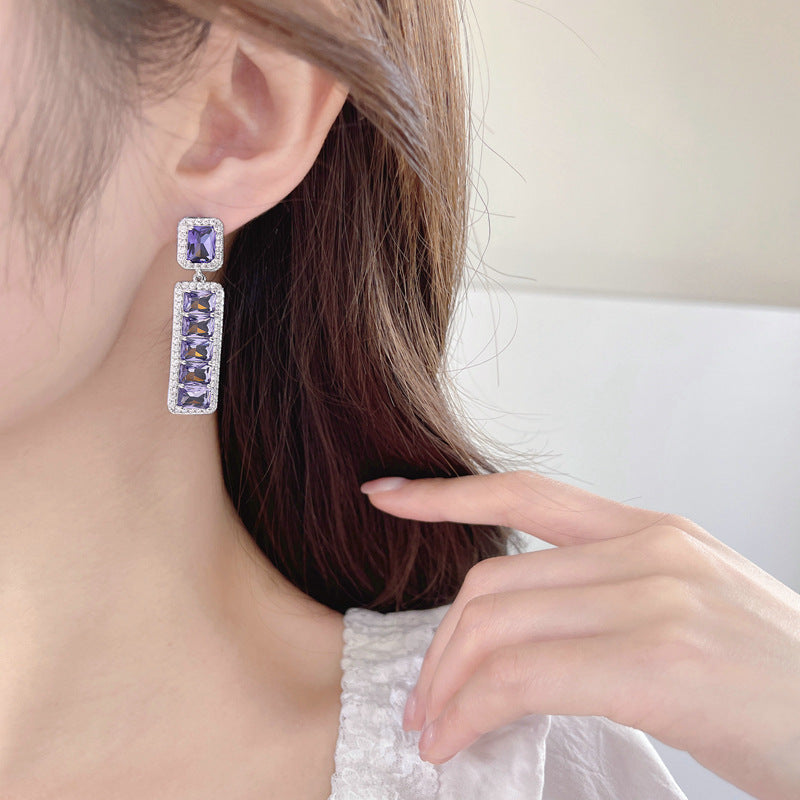 Jewelblings Luxury Long Studded Pink Purple Rectangle Drop Earrings for Women