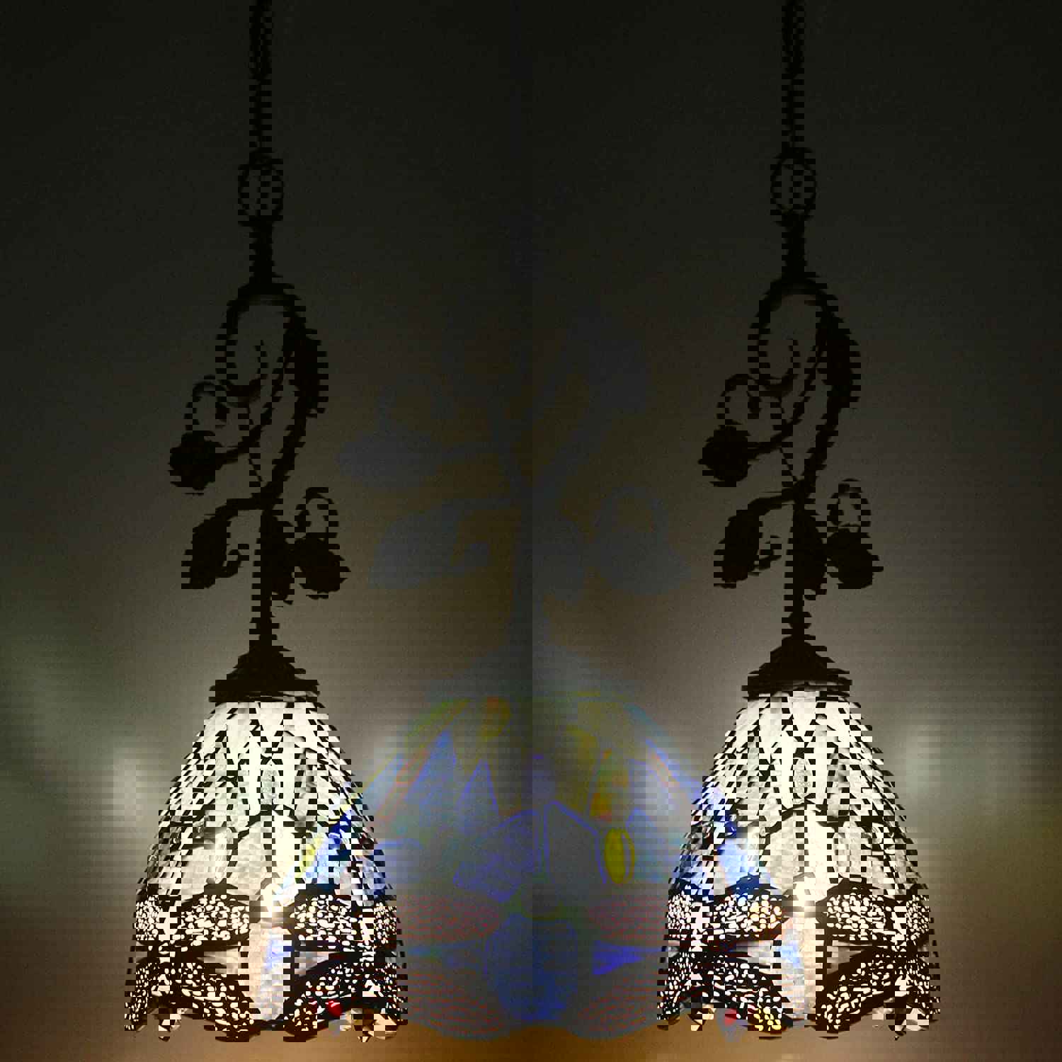 Werfactory® Tiffany Pendant Lighting - Navy Blue Stained Glass Dragonfly Hanging Lamp