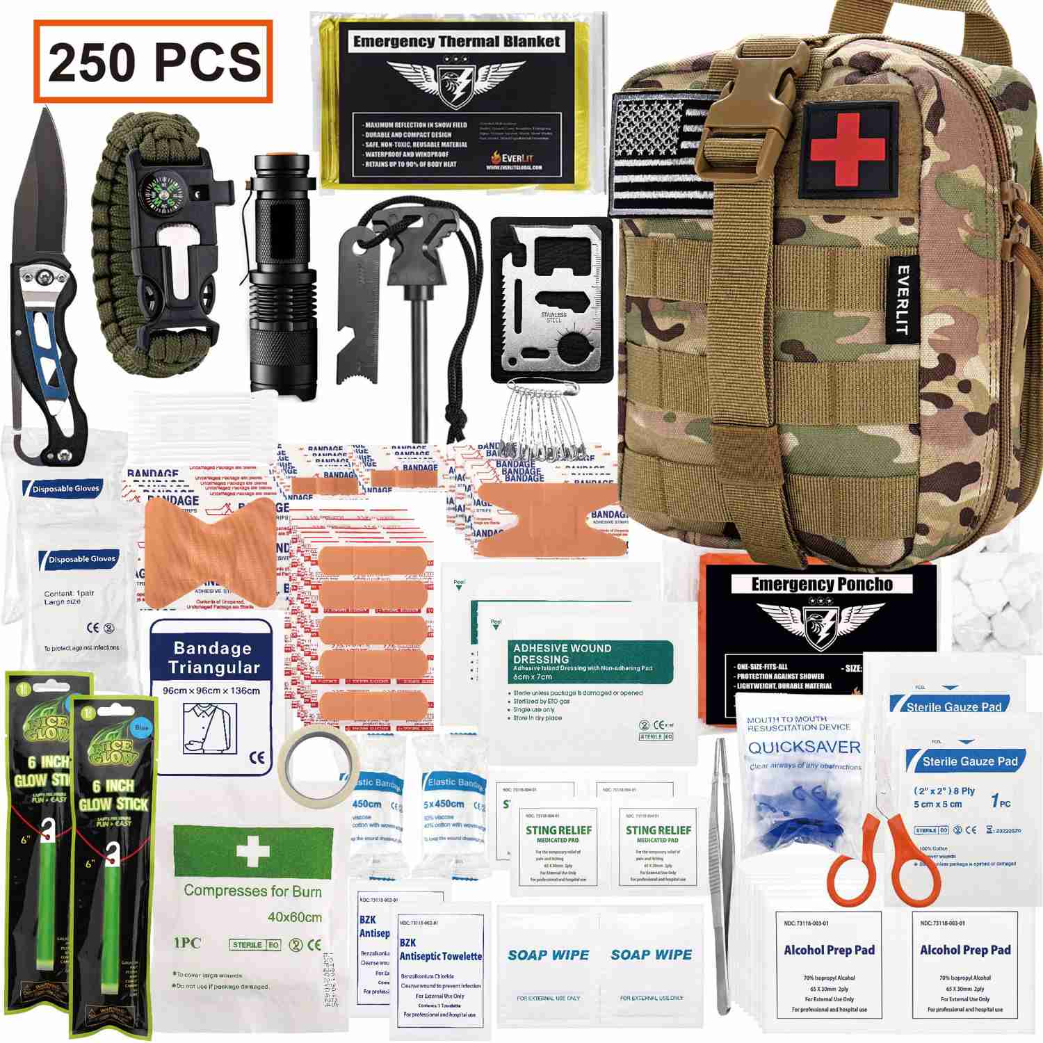 EVERLIT 250 Pieces Survival First Aid Kit IFAK Molle System Compatible for Outdoor Emergency
