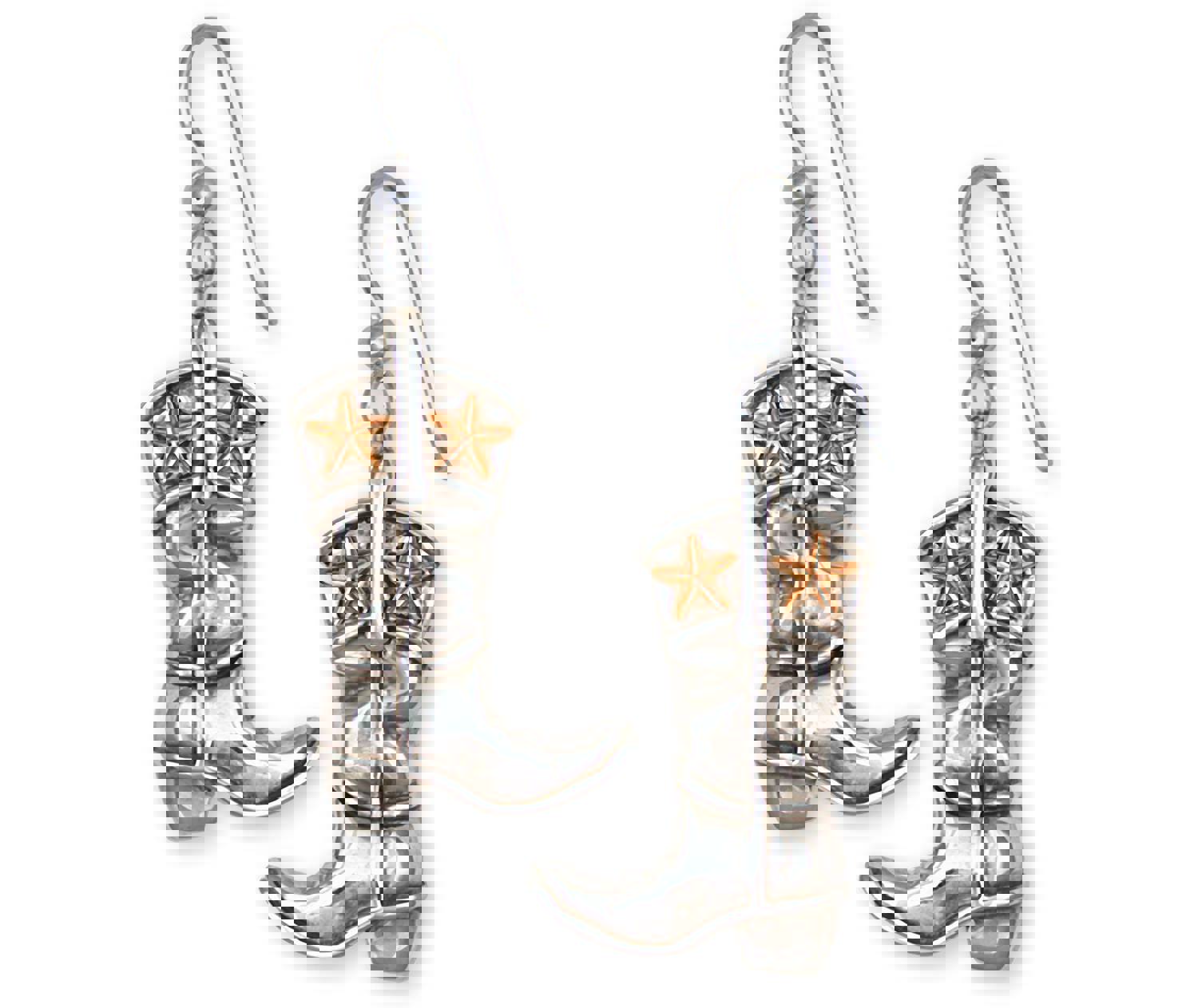 Handmade Western Texas Boot Earrings in Sterling Silver with 14k Gold Stars