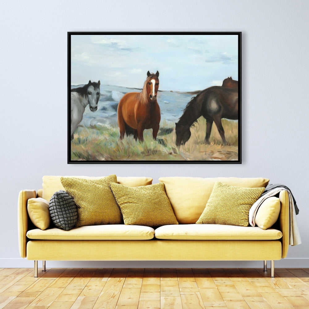 Horses Eating In The Meadow, Fine Art Gallery Wrapped Canvas 16x48