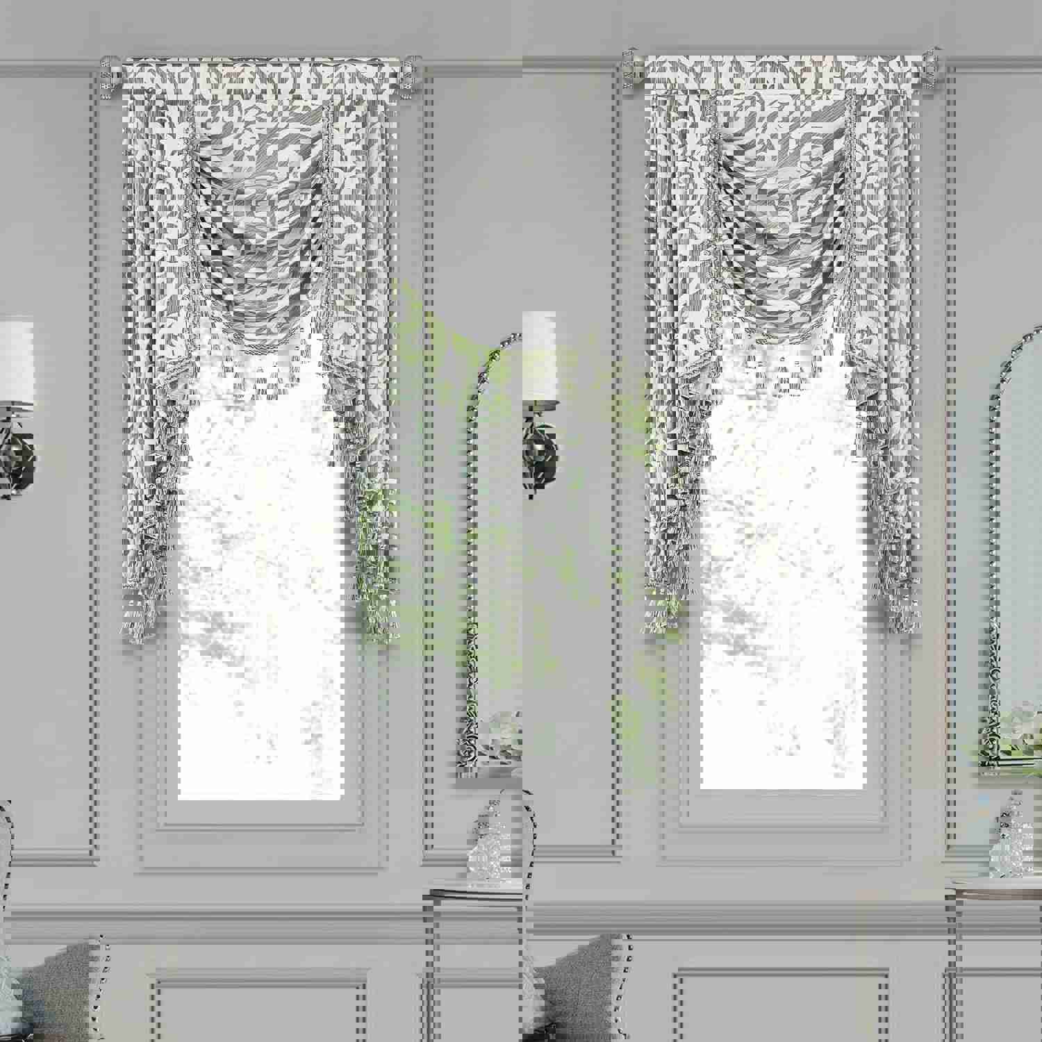 Norwich Swag Valance - Silver Gray Striped with White Damask Pattern