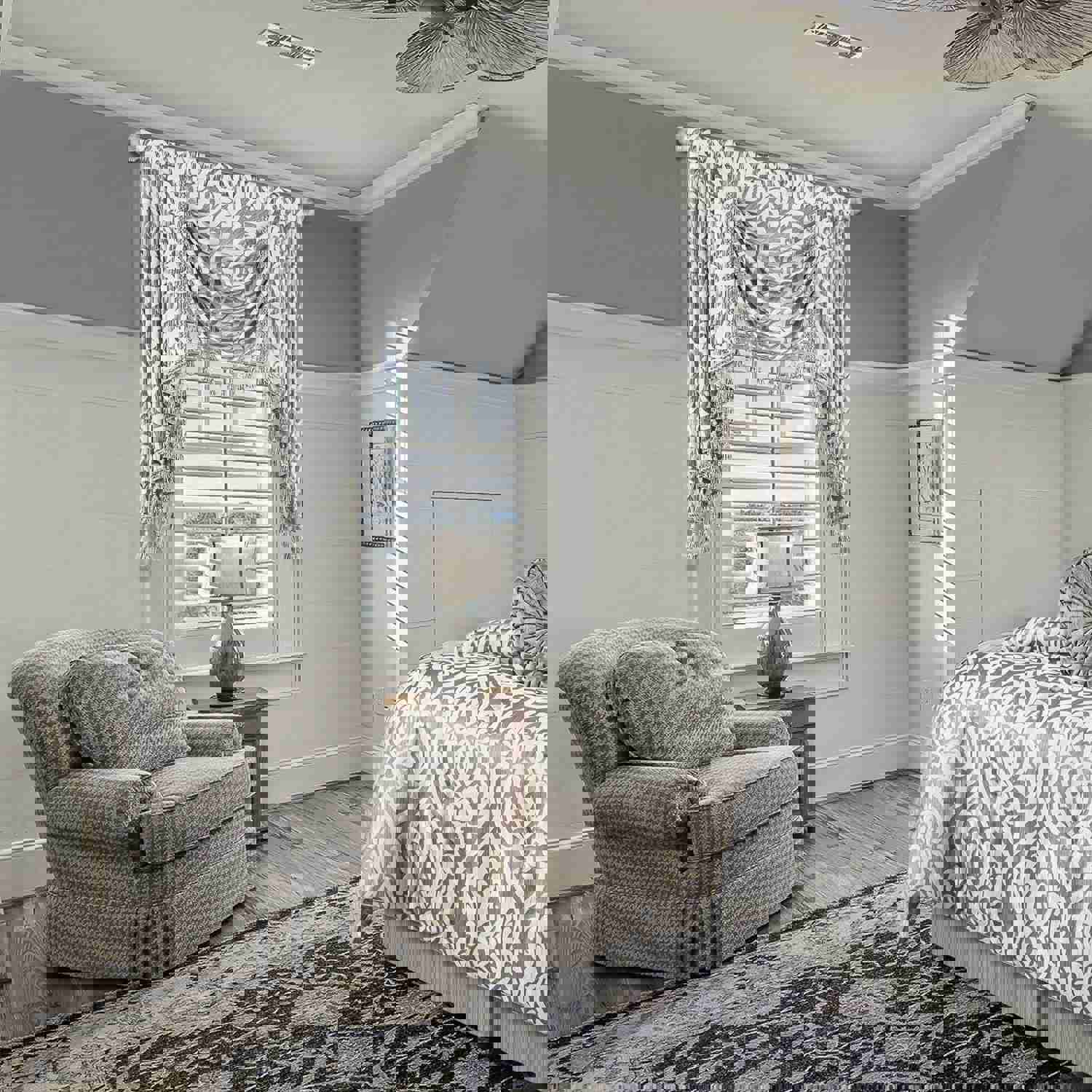 Norwich Swag Valance - Silver Gray Striped with White Damask Pattern