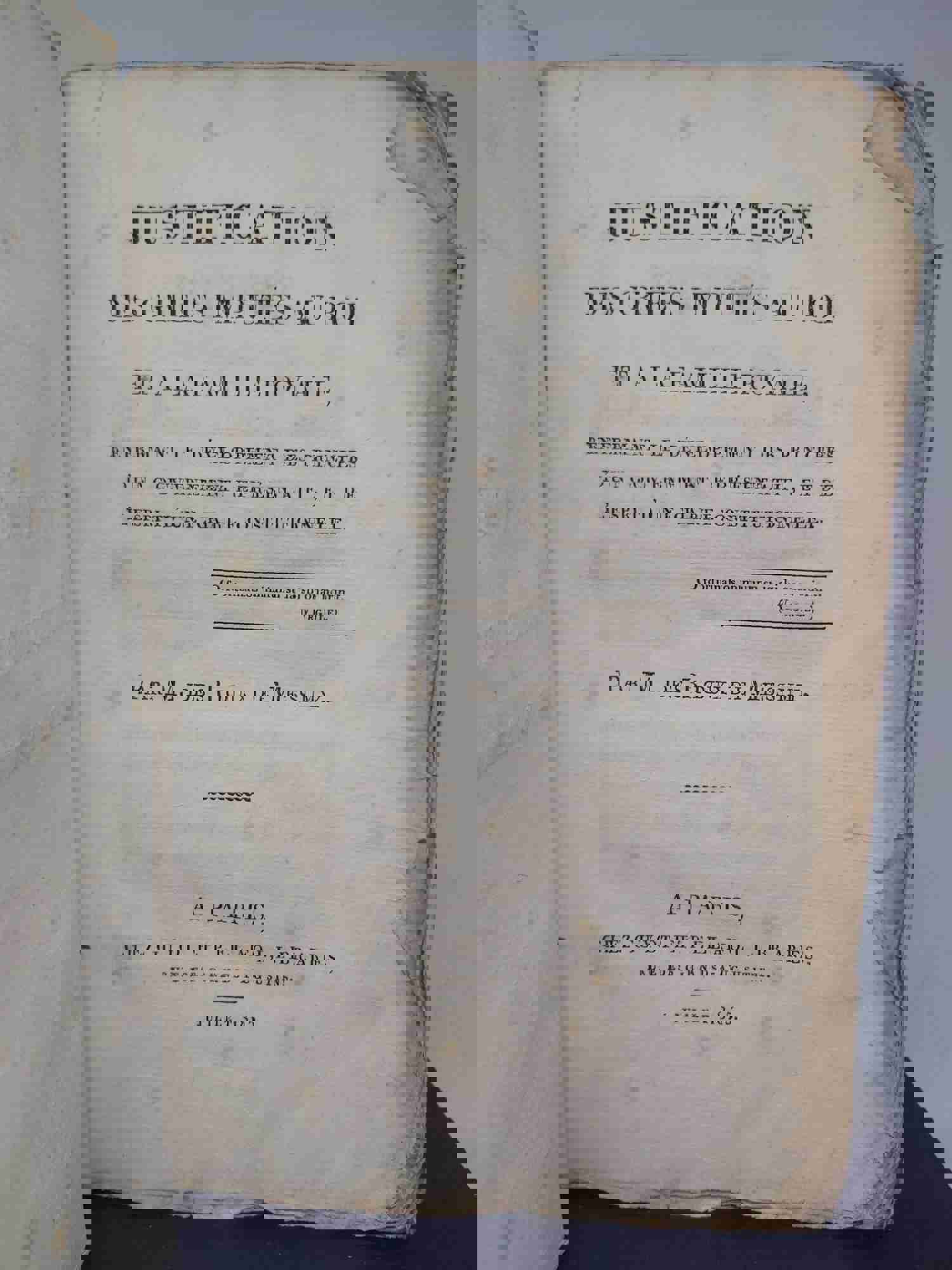 Justification des griefs imputés au Roi et a la famille Royale; renfermant le développement des principes dun gouvernement représentatif, et de lesprit dune charte constitutionelle, 1815. 1st Edition