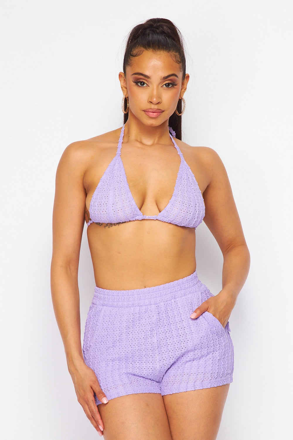 Los Cabos Eyelet 3 Piece Hoodie Bra Top Shorts Set