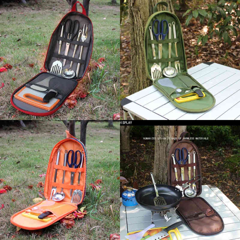 7pcs Camping Kitchen Utensil Set with Carrying Bag for Outdoor Cooking