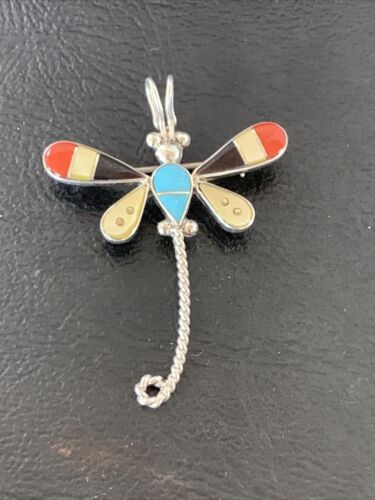 Handmade Zuni Turquoise and MOP Inlay Dragonfly Sterling Silver Necklace Pendant
