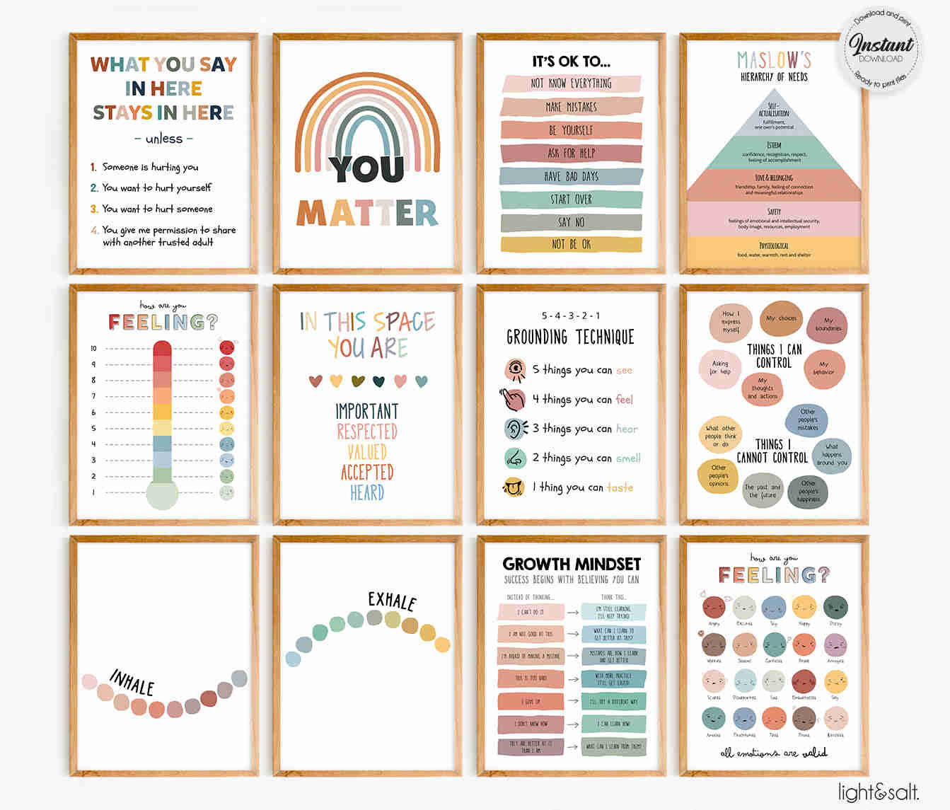 Mental Health Poster Set of 12 - Counselor Office Decor