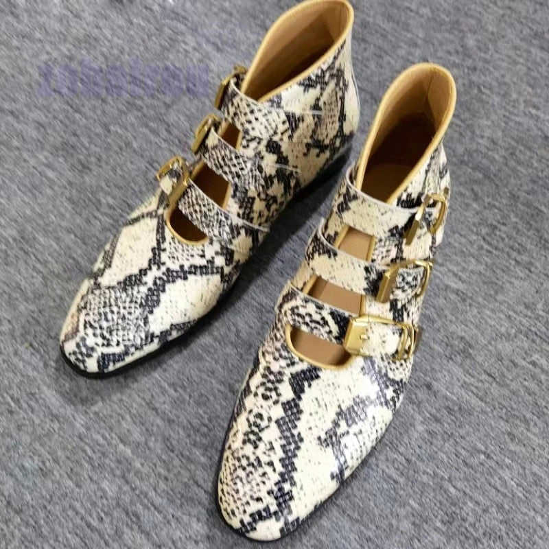 High Quality Men's Ankle Boots with Snake Pattern Print and Metal Buckle
