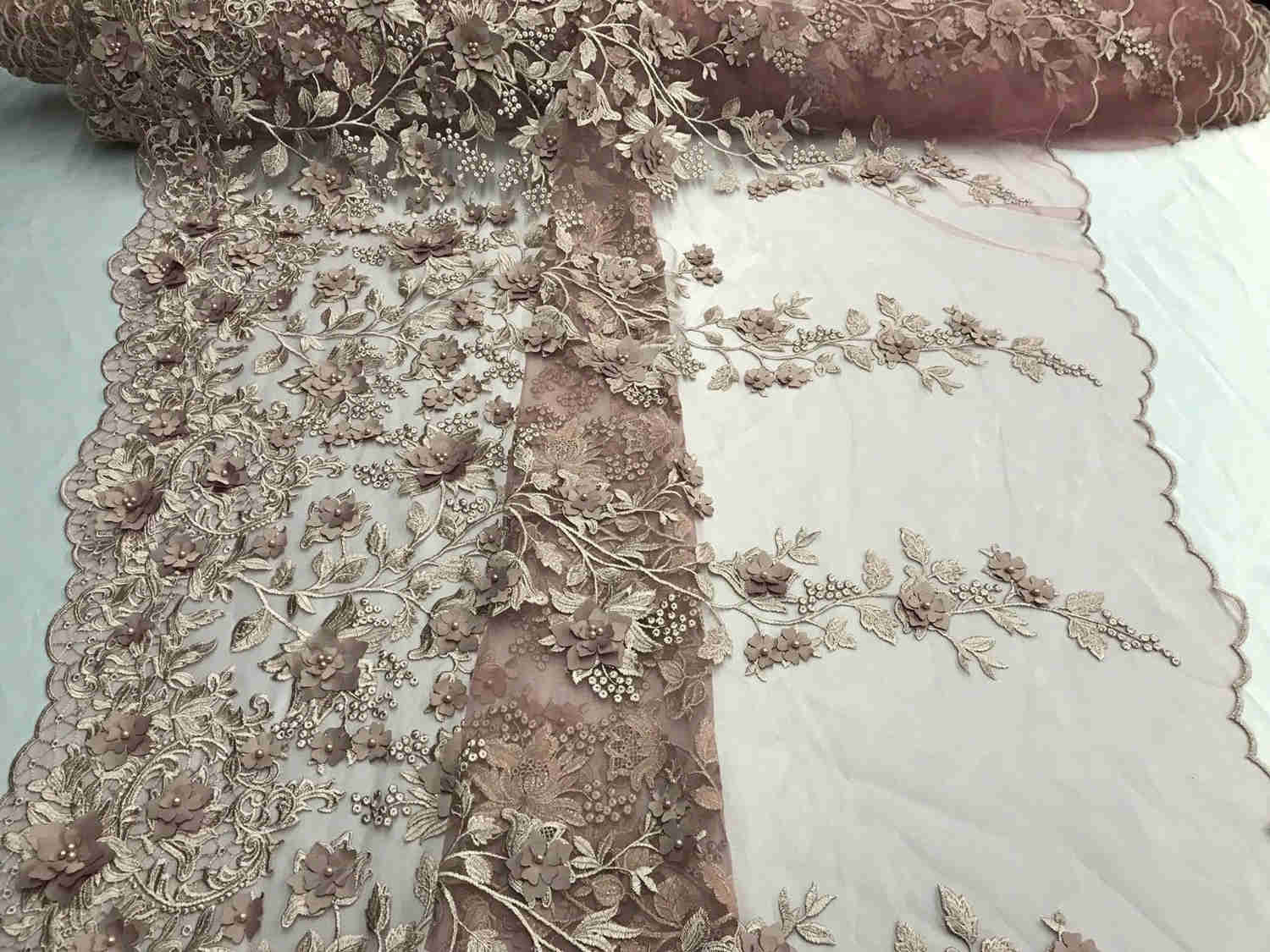 Dusty Rose 3D Floral Embroidered Mesh Lace with Pearls for Prom Dresses and Fashion