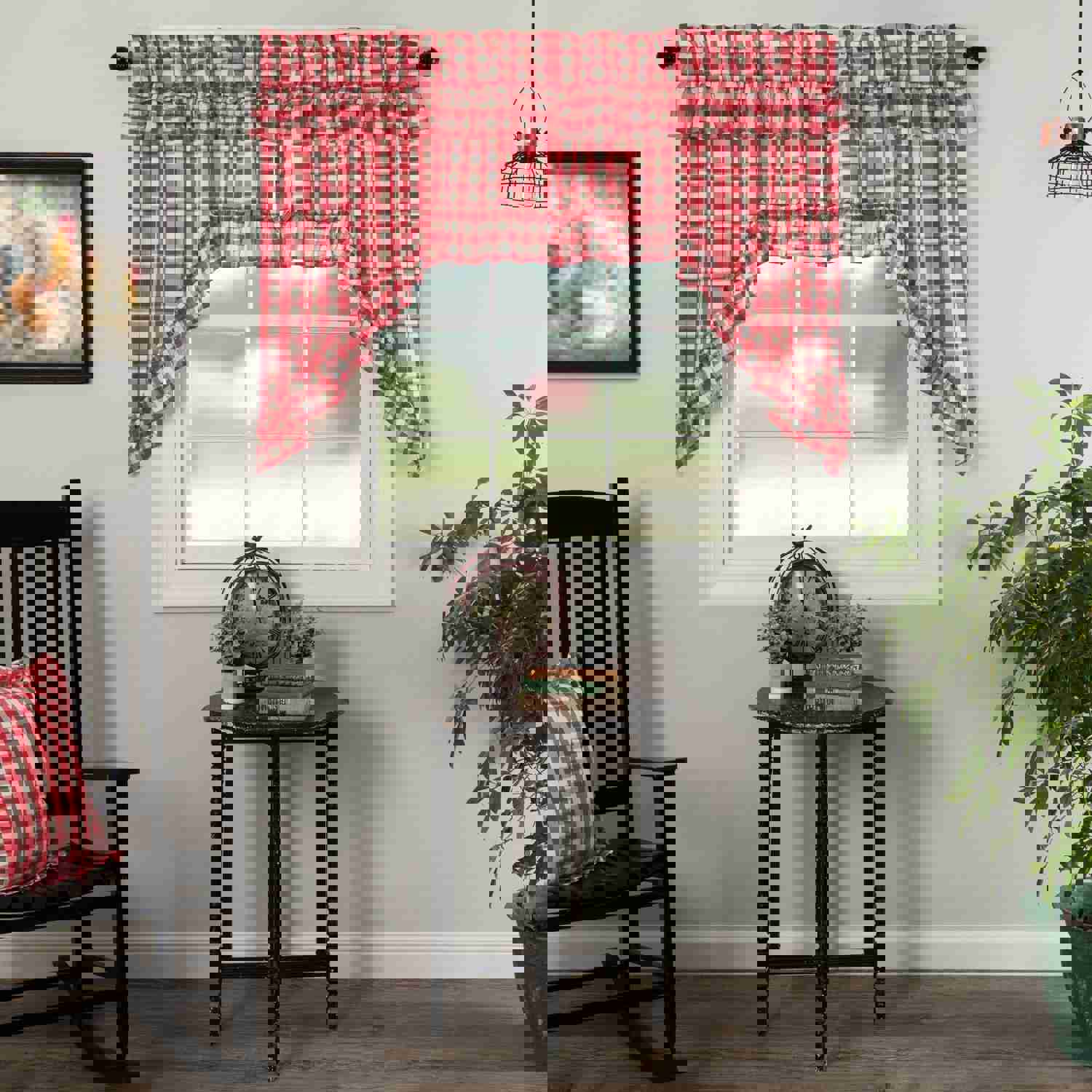 Annie Buffalo Check Red Ruffled Lined Swag Curtains