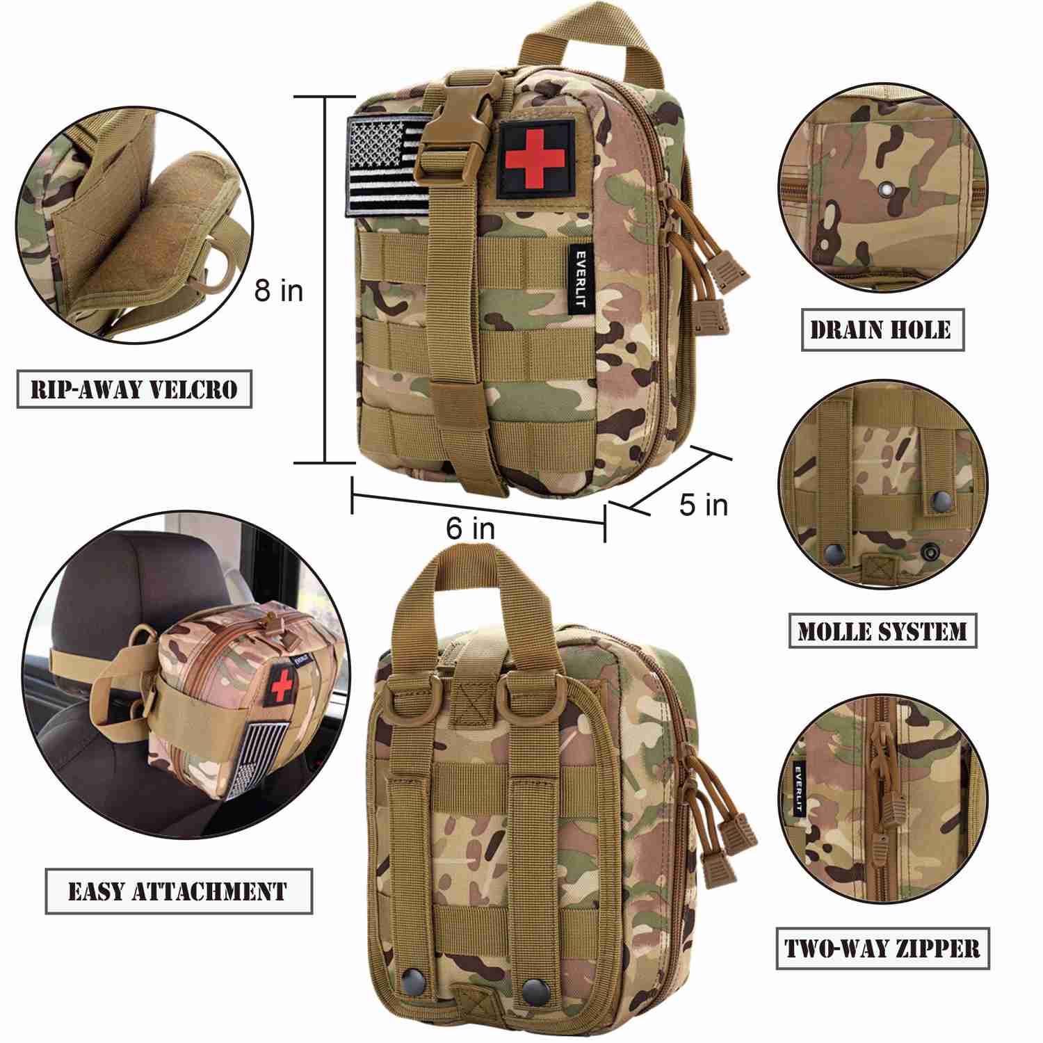 EVERLIT 250 Pieces Survival First Aid Kit IFAK Molle System Compatible for Outdoor Emergency