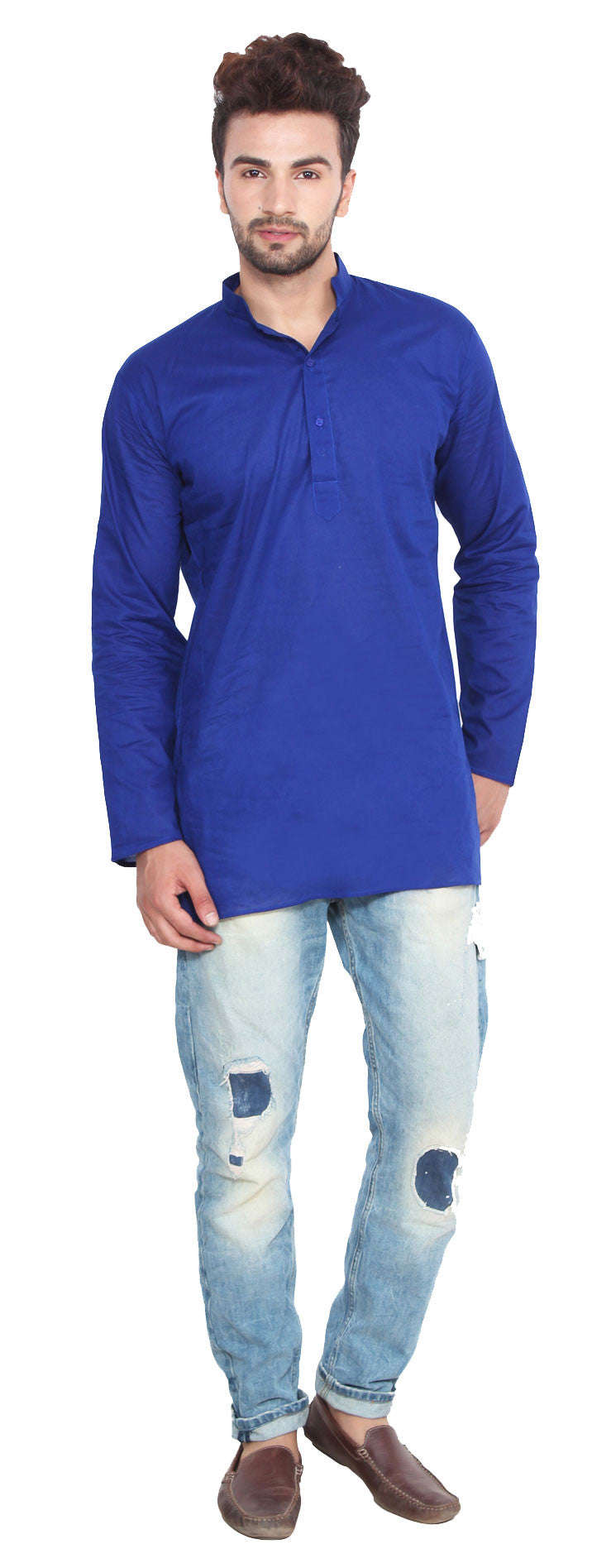 Men's Blue Cotton Short Kurta Shirt - India Fashion Clothing