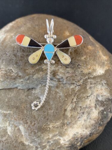 Handmade Zuni Turquoise and MOP Inlay Dragonfly Sterling Silver Necklace Pendant