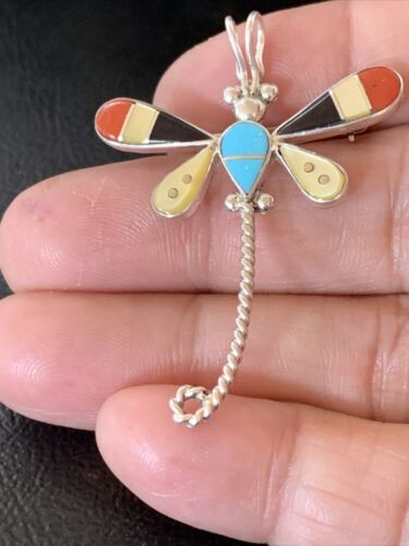 Handmade Zuni Turquoise and MOP Inlay Dragonfly Sterling Silver Necklace Pendant