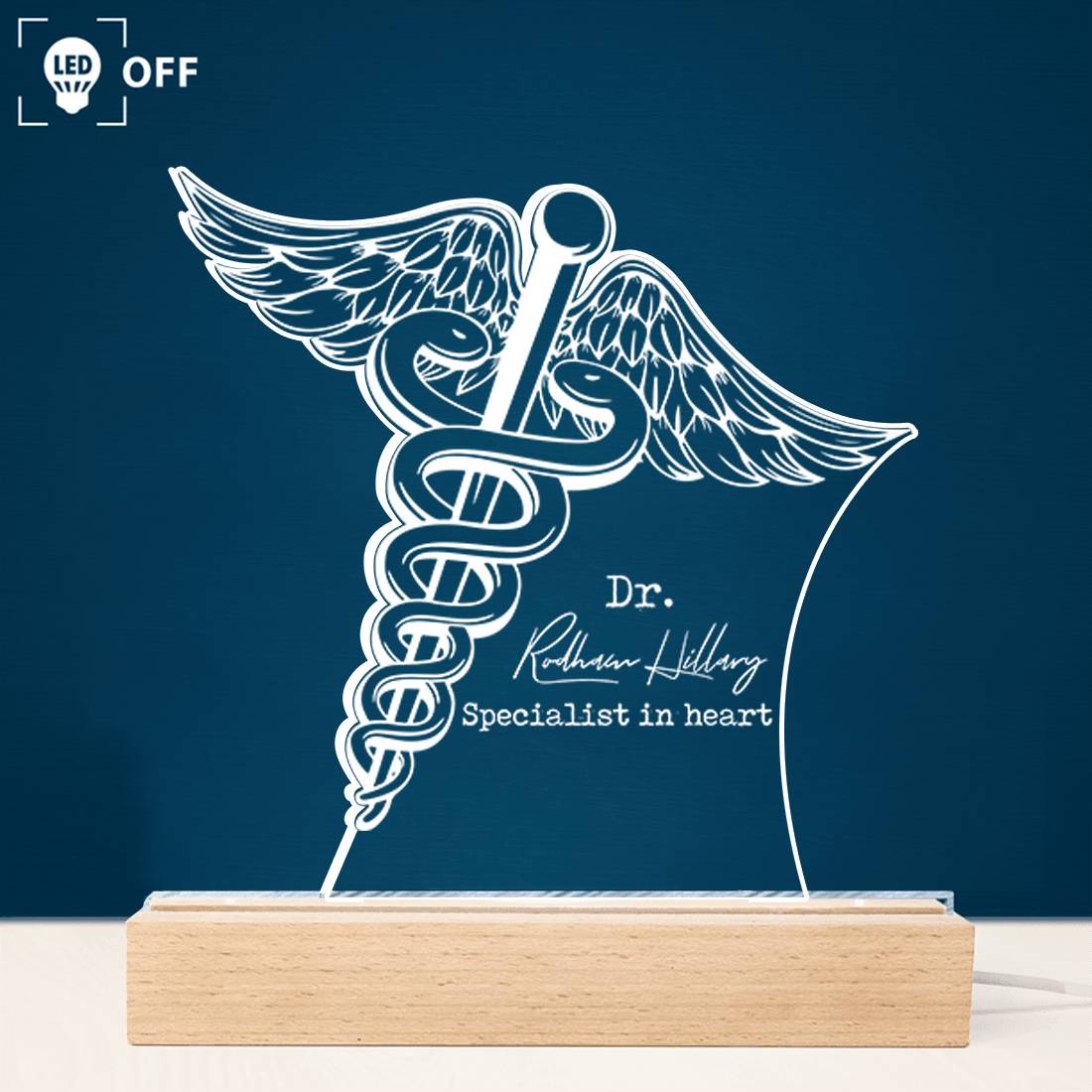 Caduceus Staff of Hermes - Acrylic Plaque LED Lamp - Personalized Gift for Healthcare Professionals