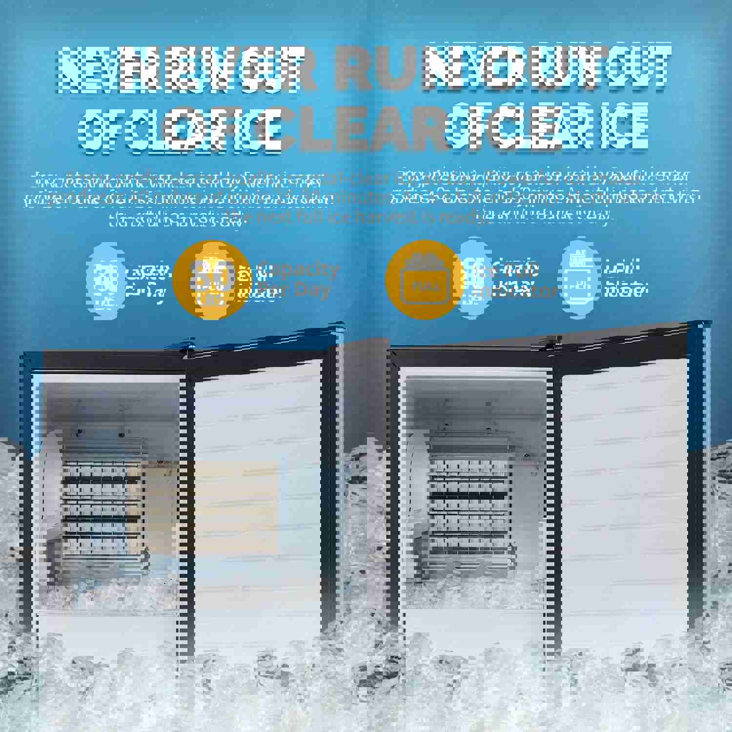 Newair 15” Undercounter 80lb Daily Clear Ice Cube Maker Machine with Self-Cleaning Function