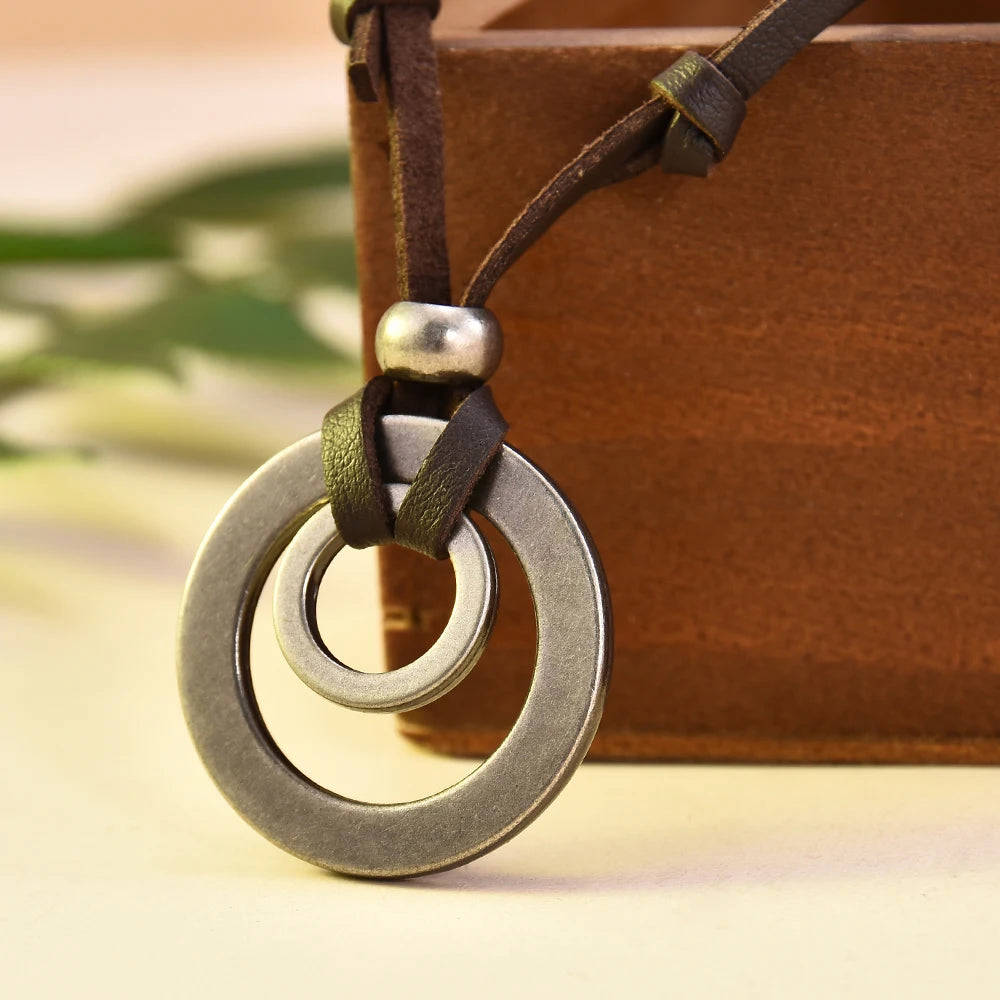 Vintage Adjustable Leather Cord Necklace with Double Circle Pendant for Men and Women