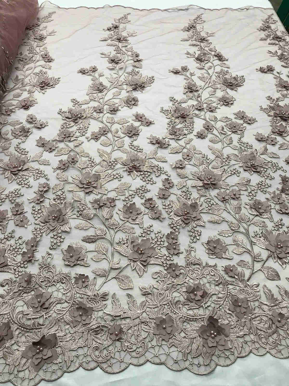 Dusty Rose 3D Floral Embroidered Mesh Lace with Pearls for Prom Dresses and Fashion