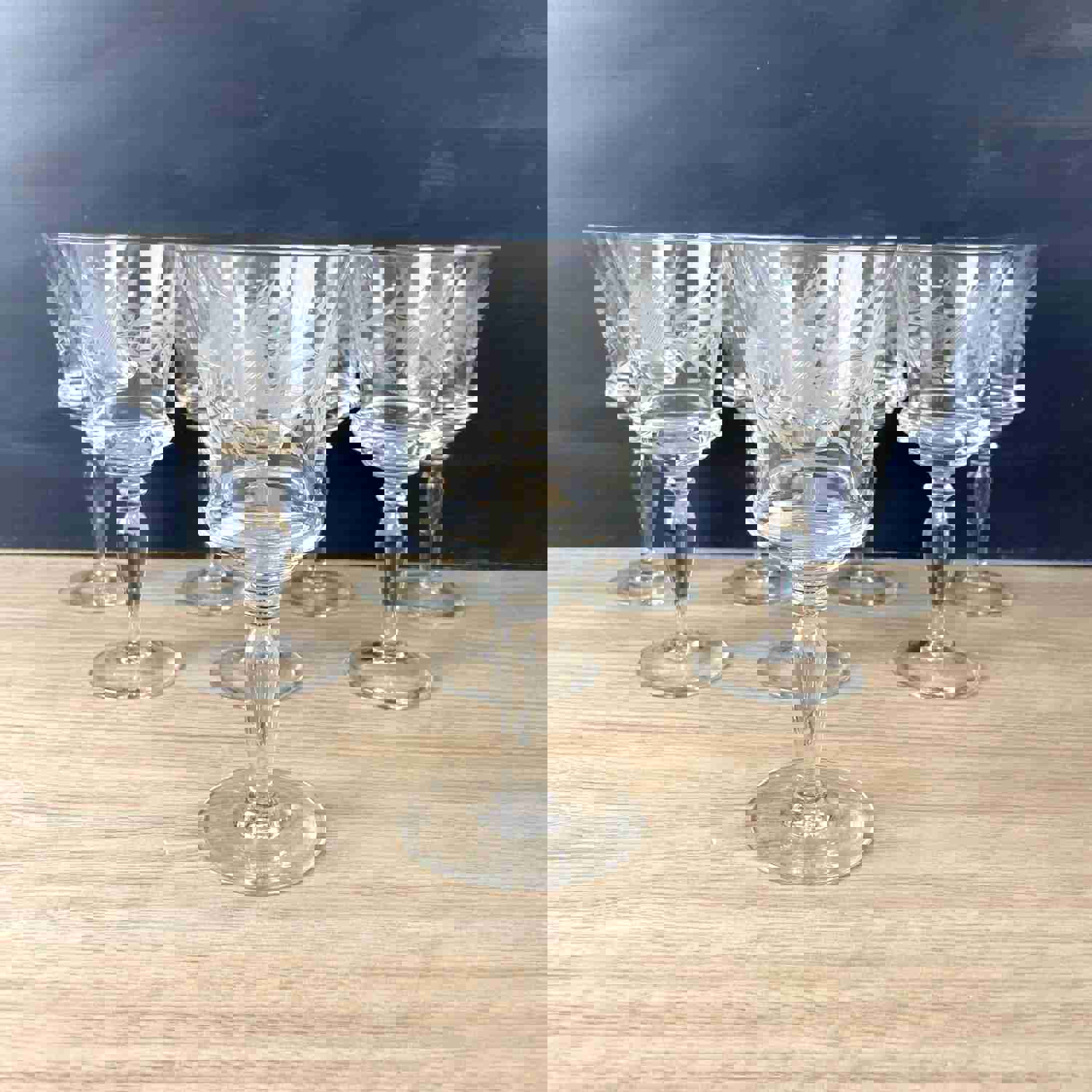 Vintage Mid Century Floral Cut Wine Glasses - Set of 8 - Elegant Barware