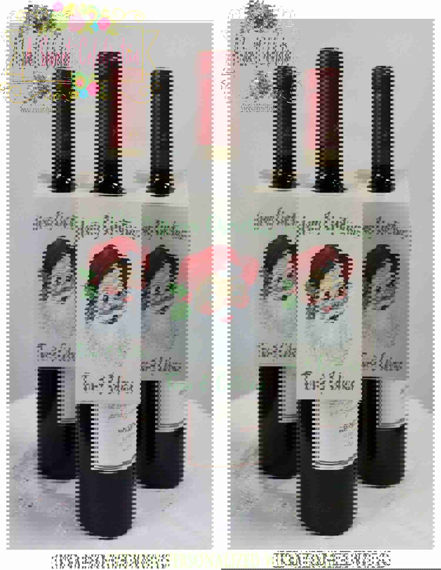 Christmas Gift Wine Tags - Vintage Santa Personalized Wine Tags