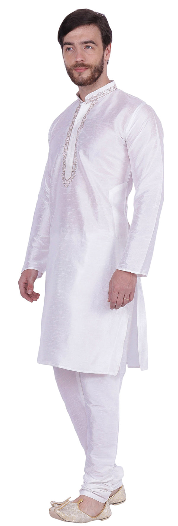 Men's Dupion Silk Kurta Pajama with Scarf - Traditional Indian Attire (Off-White)