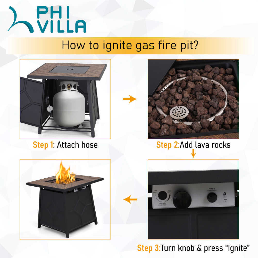 PHI VILLA 28 Inch 40,000 BTU Outdoor Terrafab Square Gas Fire Pit Table With Lid and Lava Rocks, PVC Cover