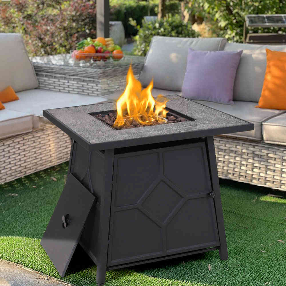PHI VILLA 28 Inch 40,000 BTU Outdoor Terrafab Square Gas Fire Pit Table With Lid and Lava Rocks, PVC Cover