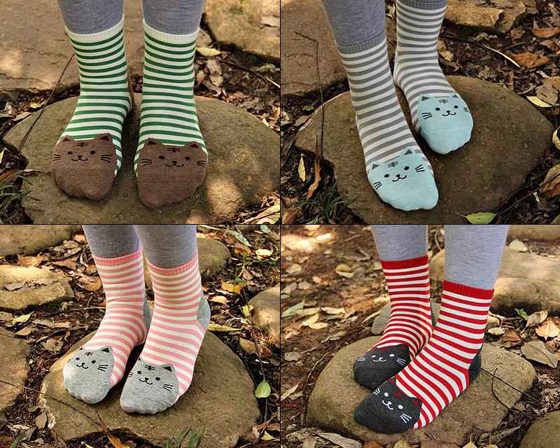 6 Pairs Cat Pattern Cotton Striped Socks for Women