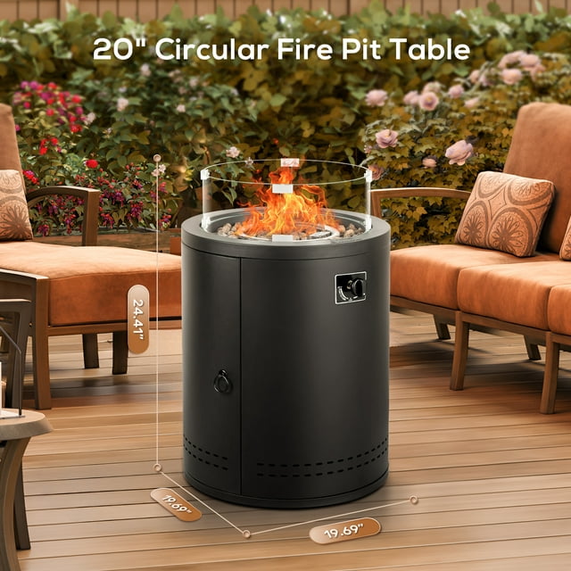 KISSAIR 20 Circular Fire Pit Table with Tempered Glass Wind Guard and Lava Rocks, 50000BTU - Black