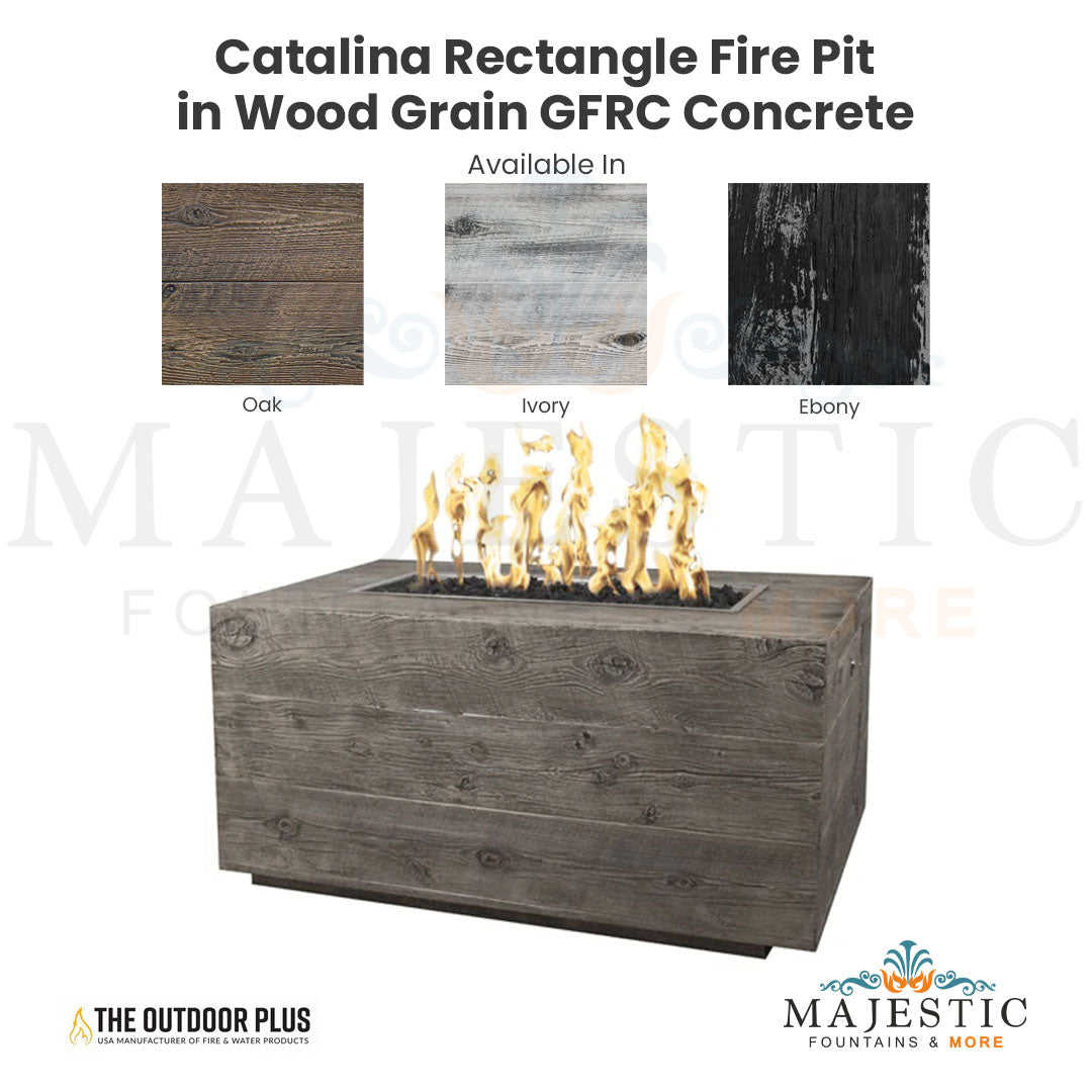 The Outdoor Plus Catalina Rectangle Fire Pit in Wood Grain Concrete with Free Cover