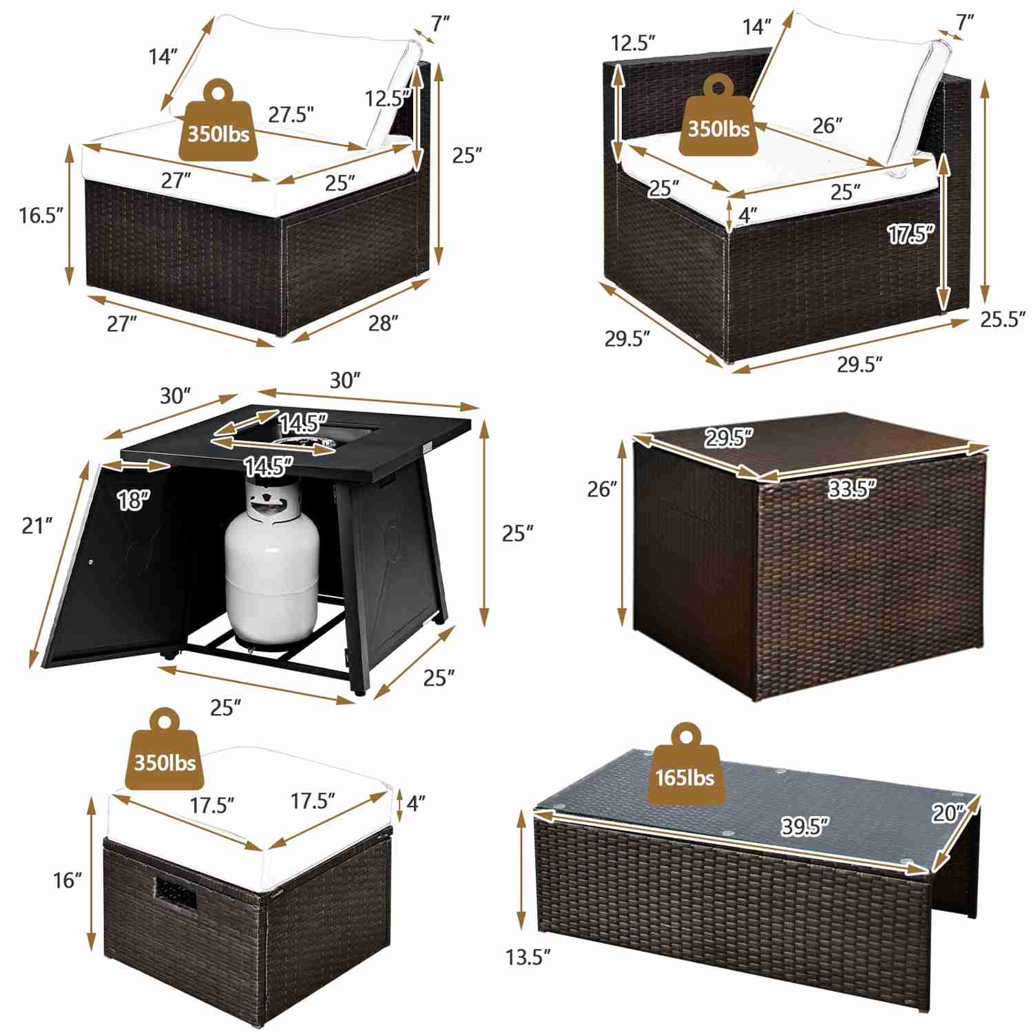 Tangkula 9-Piece Patio Furniture Set with 30" Propane Fire Pit Table