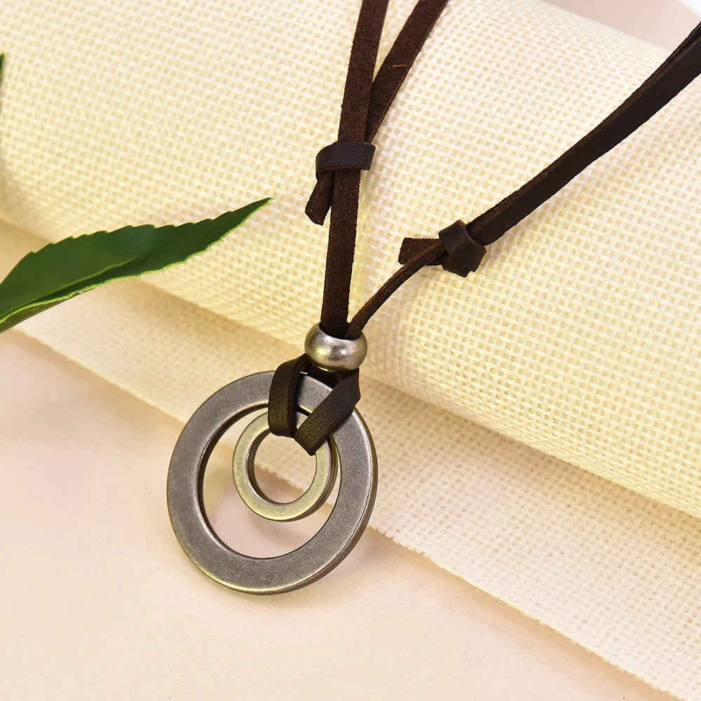 Vintage Adjustable Leather Cord Necklace with Double Circle Pendant for Men and Women