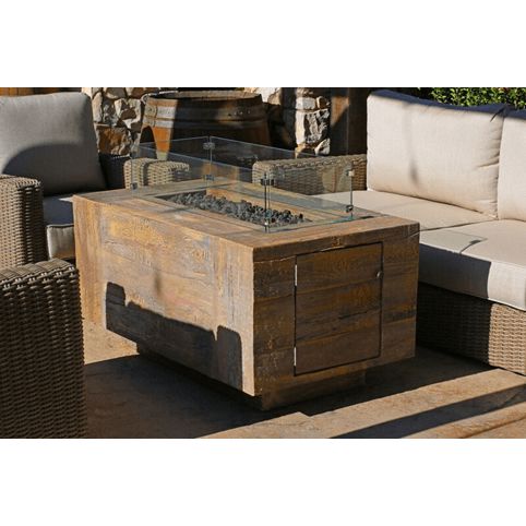 The Outdoor Plus Catalina Rectangle Fire Pit in Wood Grain Concrete with Free Cover