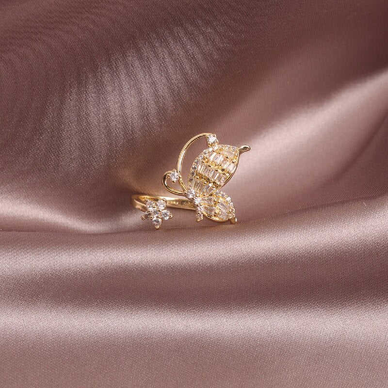 2022 Korean Design Butterfly Flower Women's Ring with Copper Inlaid Zircon