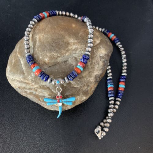 Dragonfly Sterling Silver Turquoise Coral Inlay Multi-Color Pendant Necklace