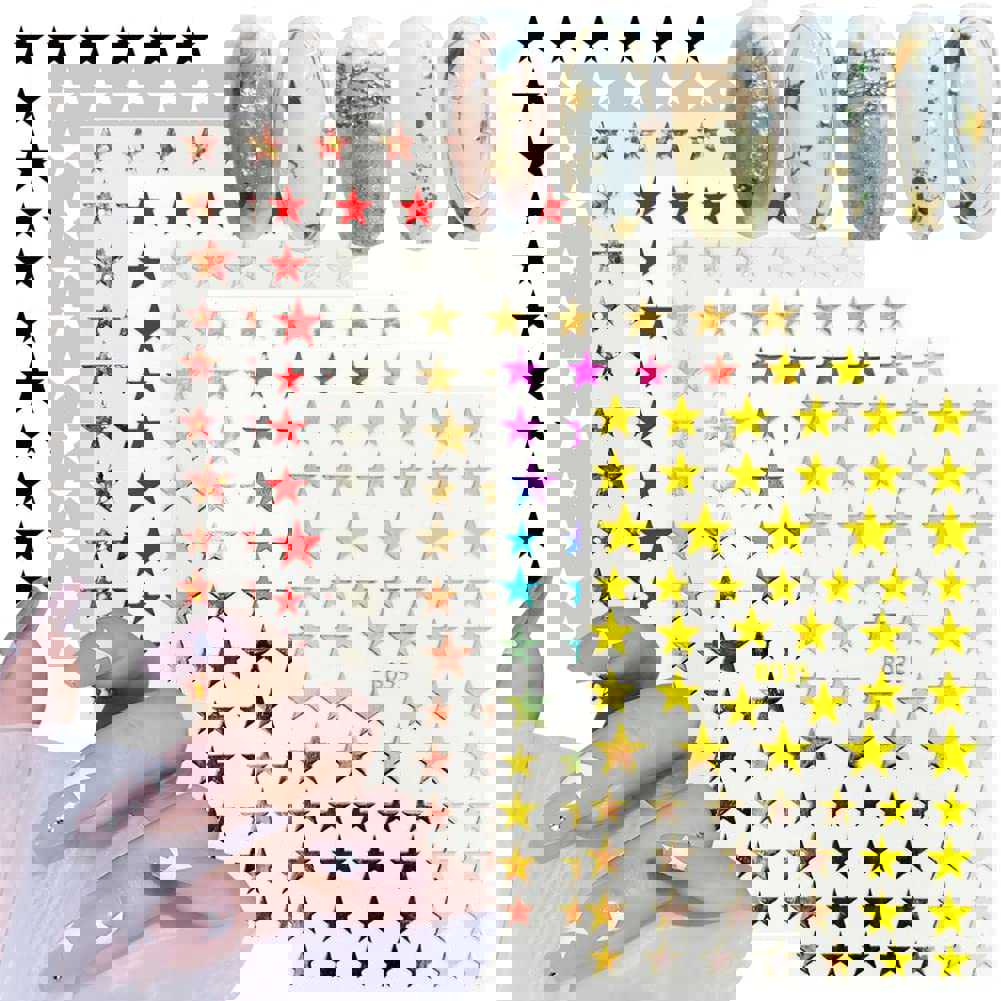 3D Self-Adhesive Star Nail Art Stickers - 8 Sheets Colorful Glitter Decals for DIY Manicure