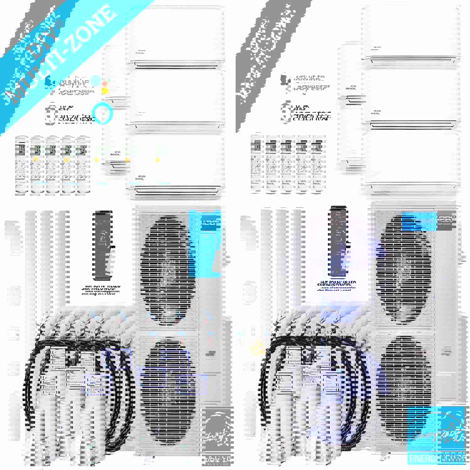 MRCOOL DIY 4th Gen 48K BTU 5-Zone Condenser with 9K+9K+9K+9K+12K Handlers and Linesets Bundle