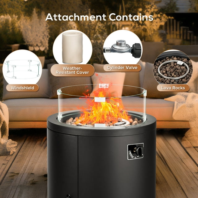 KISSAIR 20 Circular Fire Pit Table with Tempered Glass Wind Guard and Lava Rocks, 50000BTU - Black