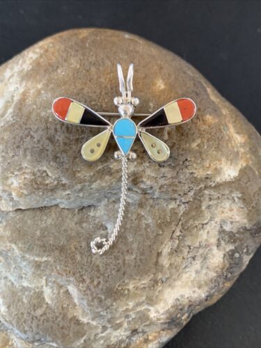 Handmade Zuni Turquoise and MOP Inlay Dragonfly Sterling Silver Necklace Pendant