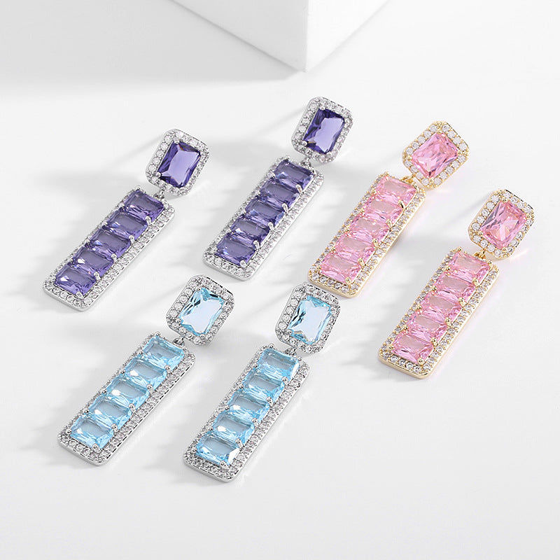 Jewelblings Luxury Long Studded Pink Purple Rectangle Drop Earrings for Women