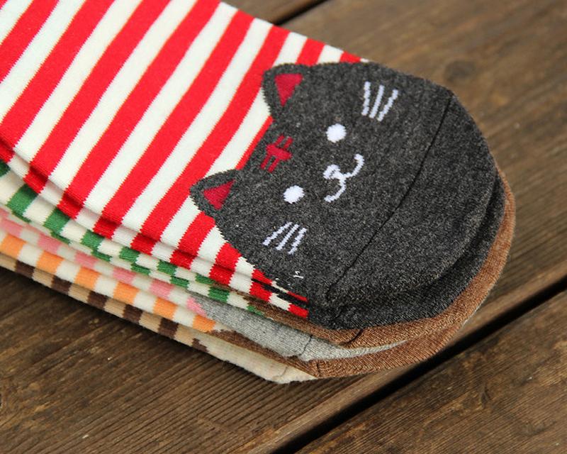 6 Pairs Cat Pattern Cotton Striped Socks for Women