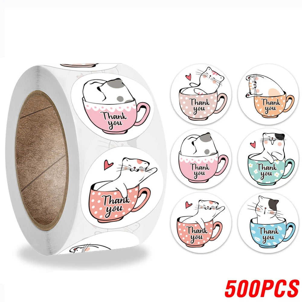 CIFEEO 100-500pcs Kawaii Cat Thank You Stickers for Gifts, Cards, and Parties