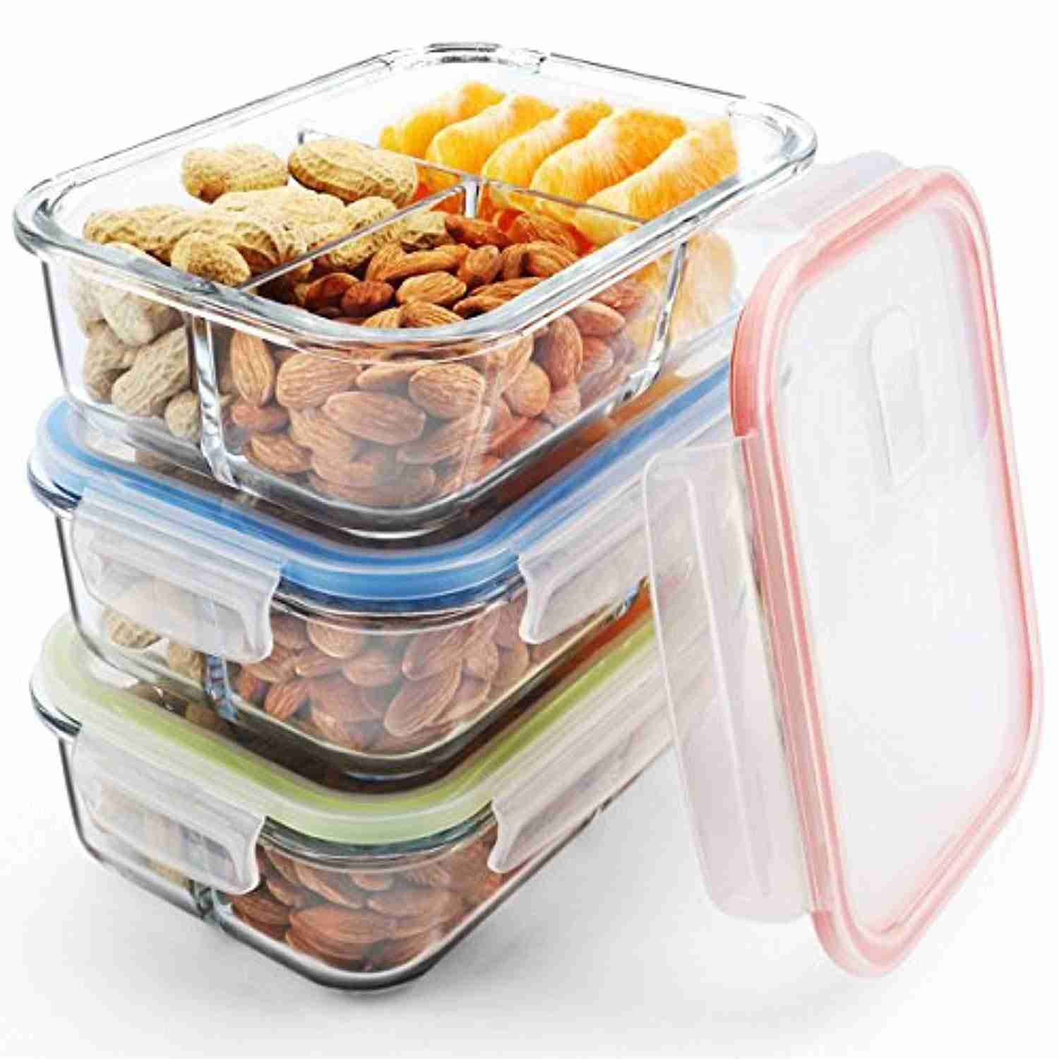 Glass Meal Prep Containers 3 Compartment with Airtight Lids - BPA Free, Microwave & Dishwasher Safe