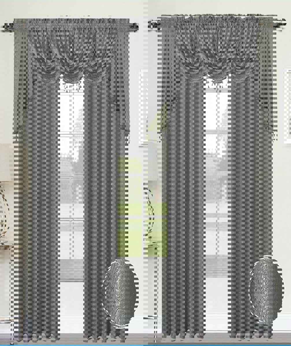 ANGELINA DAMASK 7 PIECE CURTAIN SET WITH BEADED AUSTRIAN VALANCES AND SWAG