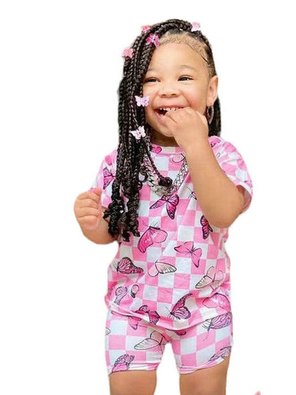 Two Pieces Kids Girls Butterfly Print Summer Clothing Sets