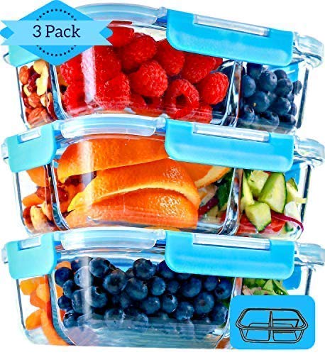 FIT Strong & Healthy 3 Compartment Glass Meal Prep Containers (3 Pack, 32 oz)