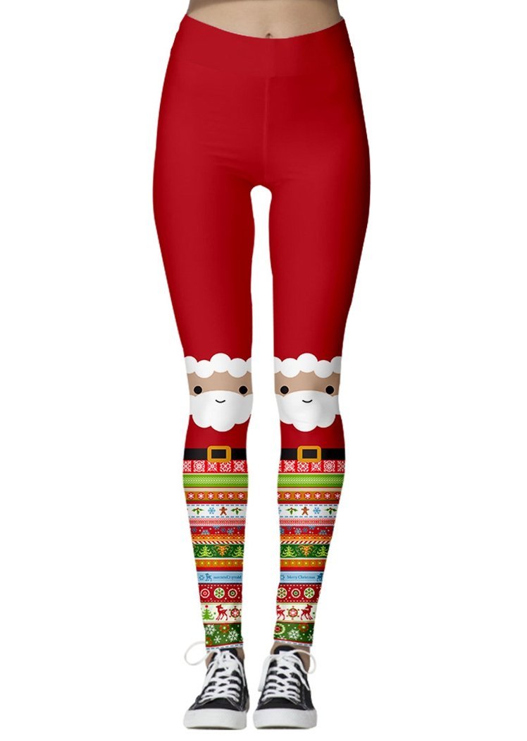 Fashion Santa Claus Print Striped Christmas Ankle Length Leggings For Women