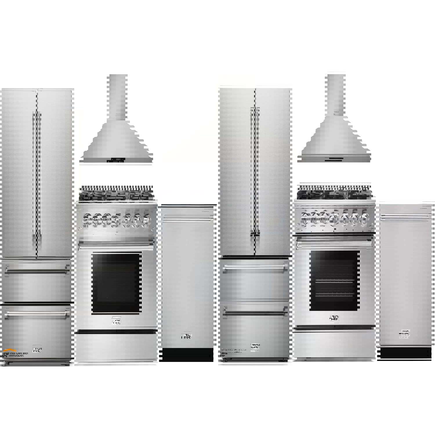 Thor Kitchen 4-Piece Pro Appliance Package - 36-Inch Gas Range, French Door Refrigerator, Wall Mount Hood and Dishwasher in Stainless Steel